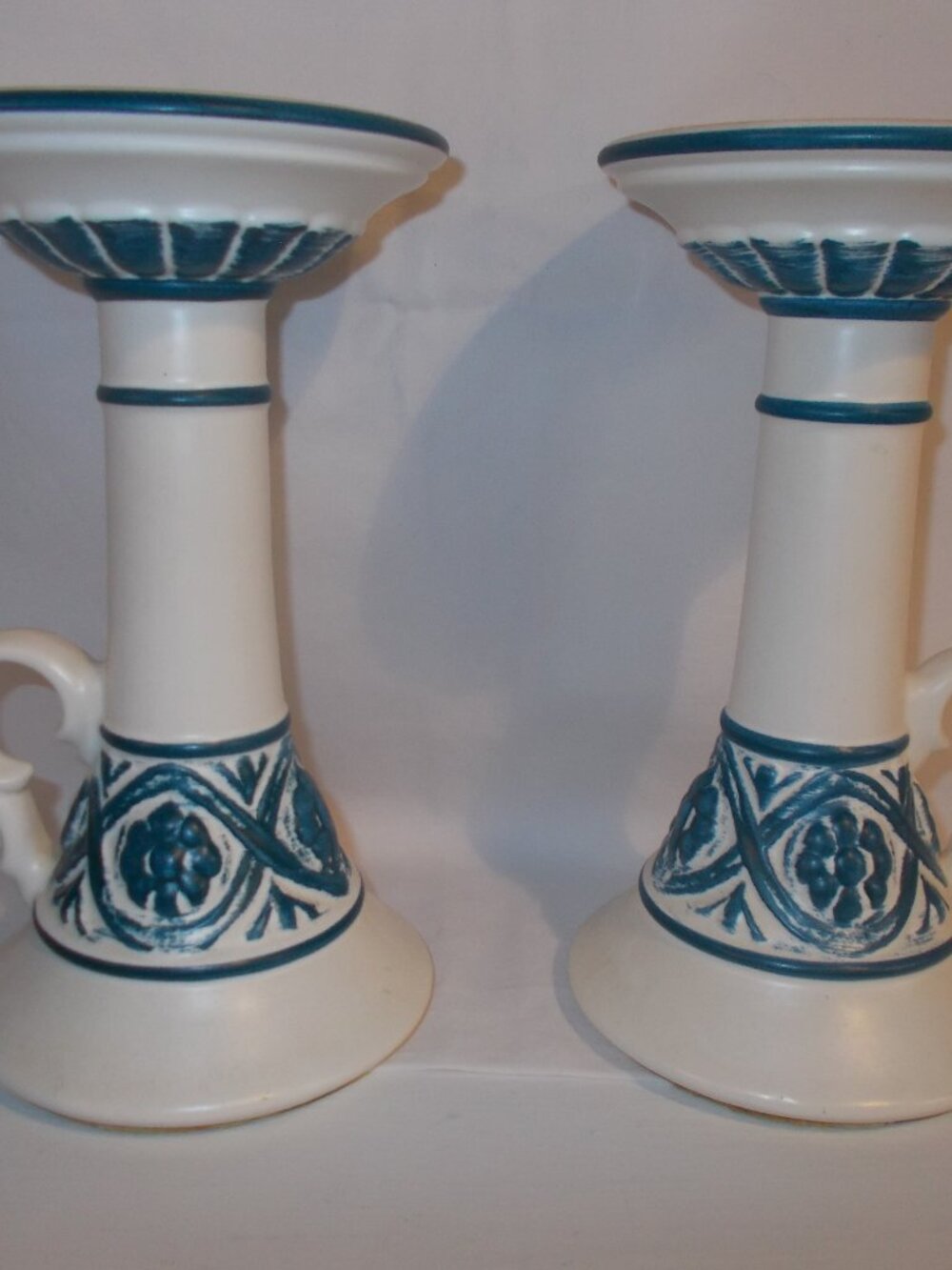 Pair of Haeger? Pottery blue and white candlesticks w/handles